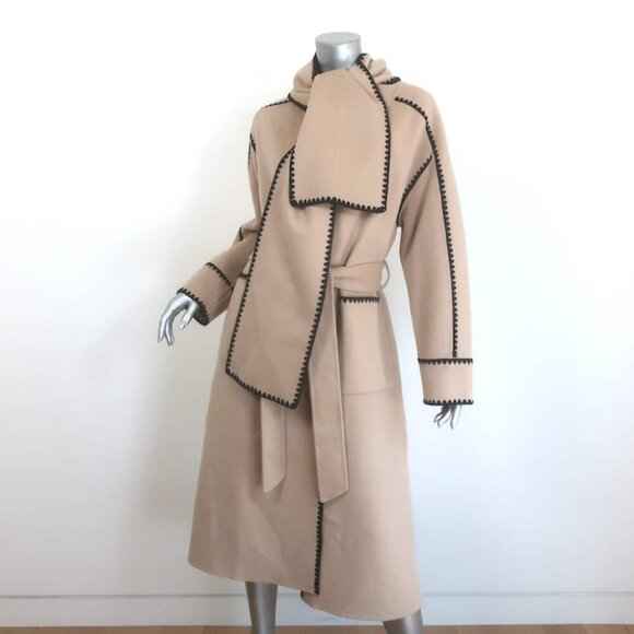 Maje Gicoco Belted Scarf Coat Camel Embroidered Double-Faced Wool Size 34 NEW - Picture 4 of 10